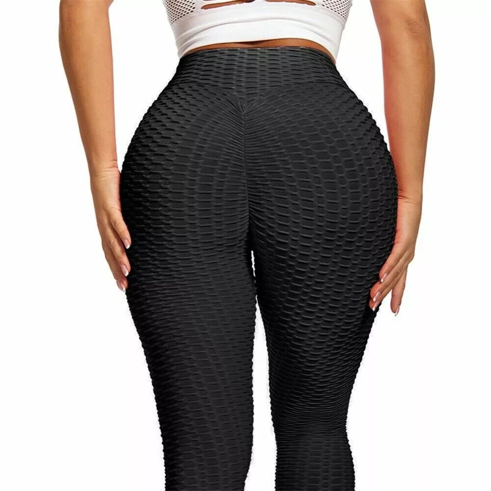 Women's black textured TikTok leggings – high-waisted scrunch bum gym leggings for workout, yoga, and everyday wear